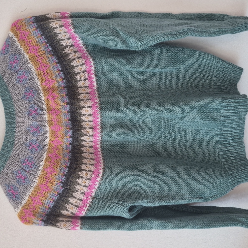 Boden Teal Green Fair Isle Cardigan with Pink and Yellow Accents - Picture 3 of 5